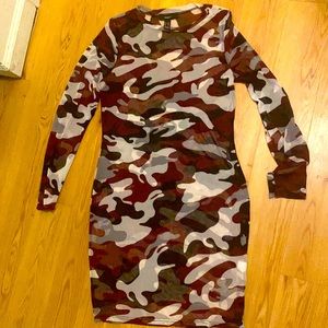 Burgundy camo see thru mini dress long sleeve